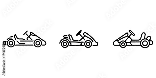 Three simplified vector illustrations of go karts, depicting racing vehicles, motorsport, outdoor recreational activities, and competitive sport themes