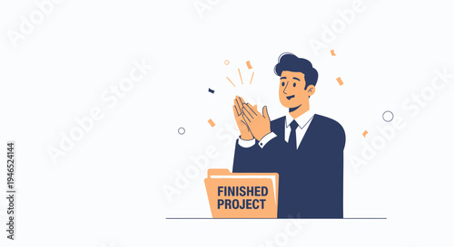 Man applauds near a folder labeled "Finished Project", celebrating success