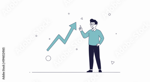 Man points to upward trend arrow, symbolizing business growth and success