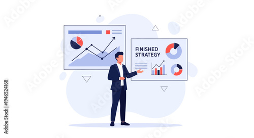 Business man presenting strategy and financial charts on screens, successful business concept