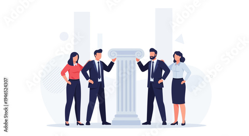 Business Team Standing Around Pillar, Symbolizing Support and Stability