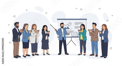Business team applauding presenter after successful presentation at whiteboard