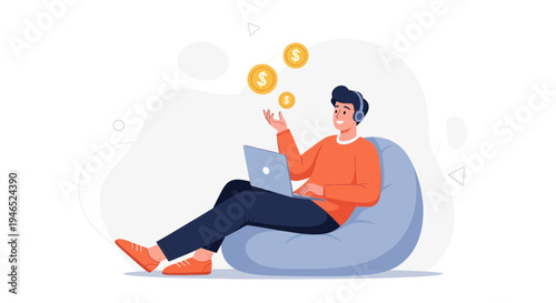 Man earning money online while relaxing on bean bag with laptop and headphones