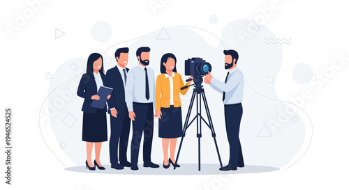 Team filming a video with a professional camera on a tripod, business people