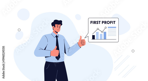 Man celebrating first profit with positive financial graph and thumbs up gesture