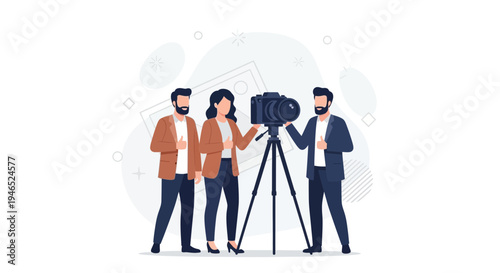 Team of Photographers with Professional Camera on Tripod