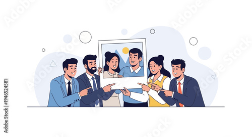 Team presenting a photo of a happy couple, pointing and smiling