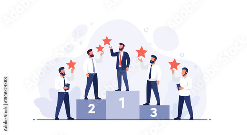 Businessmen on podium holding stars, ranking, success, teamwork, achievement concept
