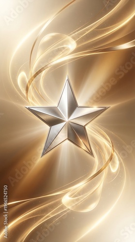 Polished silver five-pointed star shines brightly against an abstract background of swirling golden light and elegant glowing energy waves.