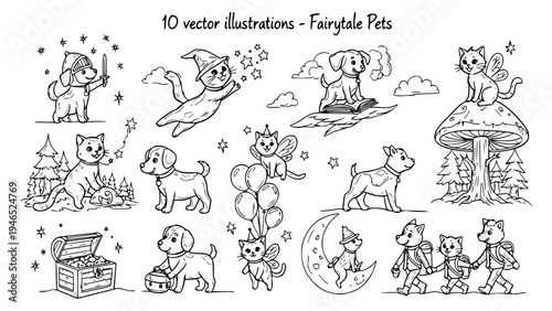Fairytale pets illustrated in ten different vector drawings fantasy
