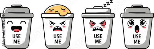 Four garbage bins with different colored lids for waste separation