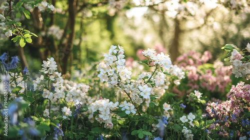 Blooming spring garden with delicate white and pink flowers, bluebells, and warm morning sunlight creating a soft, natural scene