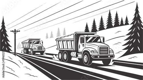 Two dump trucks driving on a snowy road in a winter landscape.