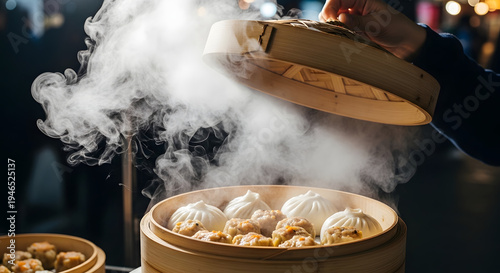 Steaming bamboo dim sum in basket.