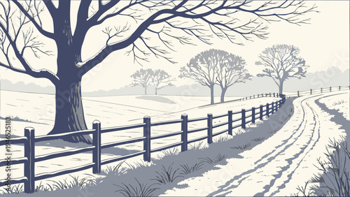 Winter landscape with snow covered fields and trees.