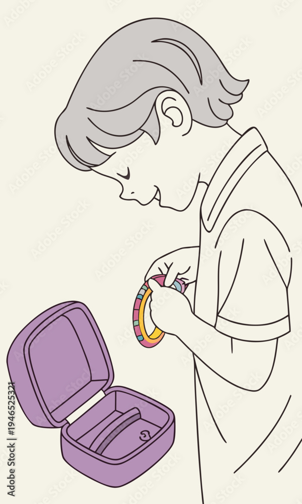 Naklejka premium Young person carefully examining a small round object with an open purple case beside them.
