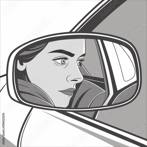 Womans face reflected in car side mirror black and white illustration.