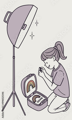 Young woman photographing a glowing object with professional studio lighting.