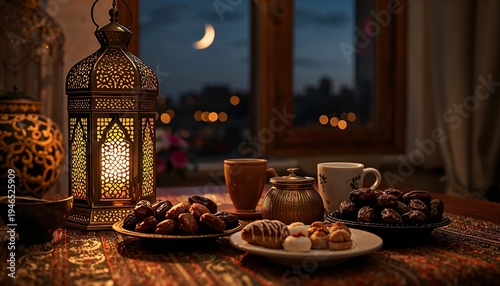 Warm Ramadan Evening Still Life with Arabic Lantern, Dates and Tea – Iftar Concept