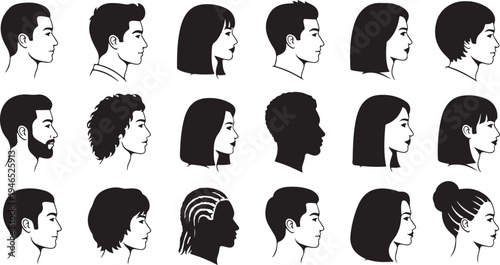 Black and white line of various hairstyles and head shapes from side view line hairstyles des