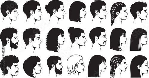Black and white line of diverse human profiles with various hairstyles and facial diverse hairstyles