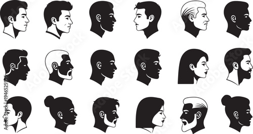 Black and white of diverse human profiles in various hairstyles and expressions