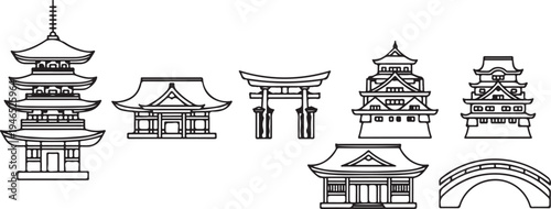 Black and white line of various traditional japanese buildings and structures pagoda temple d