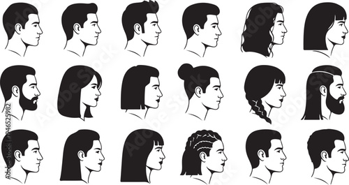 Collection of black and white line of different hairstyles and head shapes from side view des
