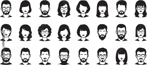 Twenty four black and white of diverse people with different hairstyles and facial de