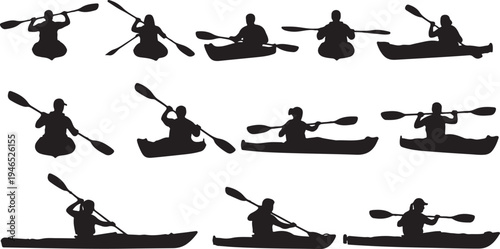 Twelve silhouettes of people kayaking in different poses paddling