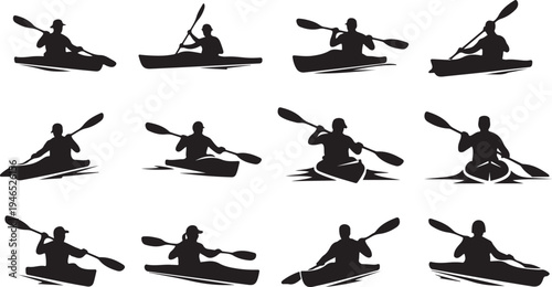 Twelve black silhouettes of people kayaking in different poses des
