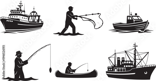 Black and white fishing and boating with people and vessels silhouette d