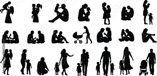 Family silhouettes set with parents and children walking playing hugging stroller and parenting moments isolated on white vector illustration
