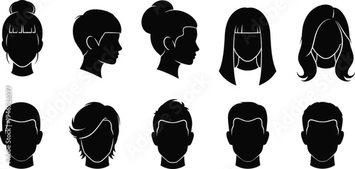 Men and women hairstyle silhouettes set with different haircuts and fashion styles isolated on white background avatar vector illustration