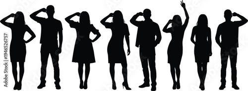 People silhouettes set with men and women standing waving saluting poses isolated on white background human figures vector illustration collection