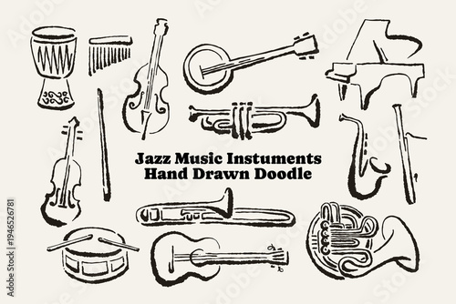 Jazz Music Instrument Hand Drawn Doodle Set, with ink scribble style Vector Collections