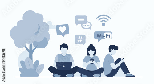 Social Media Illustration People Using Devices, Wi-Fi, Online Communication