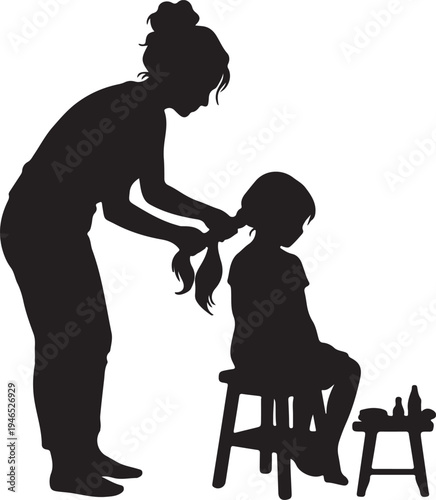 Happy Mother's Day Greeting Banner with Family Silhouette on Abstract Blue and Yellow Background.