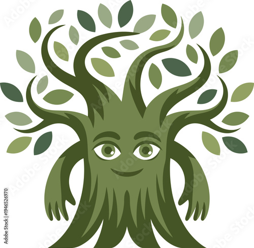 Whimsical stylized tree creature with leafy hair and branches as limbs