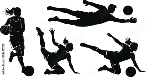 Soccer player silhouettes set showing female football action poses dribbling sliding kicking goalkeeper save isolated on white sport vector illustration