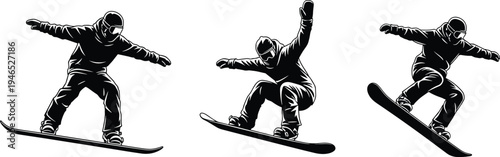 Snowboarder silhouette set performing freestyle jumps isolated on white background winter extreme sport action sequence vector illustration for snowboarding design