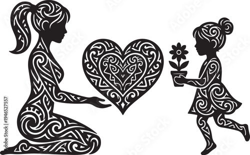 Happy Mother's Day Greeting Banner with Family Silhouette on Abstract Blue and Yellow Background.