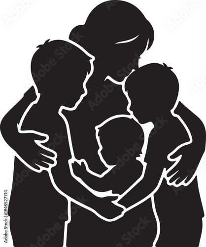 Happy Mother's Day Greeting Banner with Family Silhouette on Abstract Blue and Yellow Background.