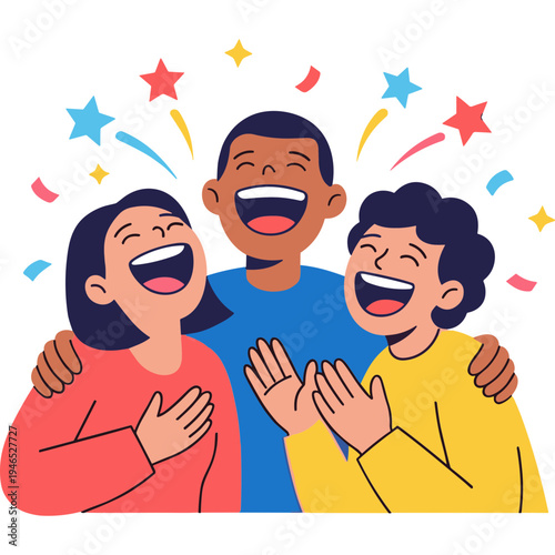 Three friends celebrate happily with arms around each other outdoors