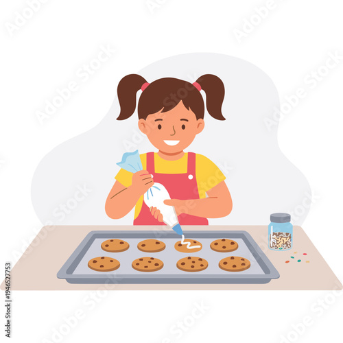 A young girl decorates chocolate chip cookies on a baking sheet with frosting.