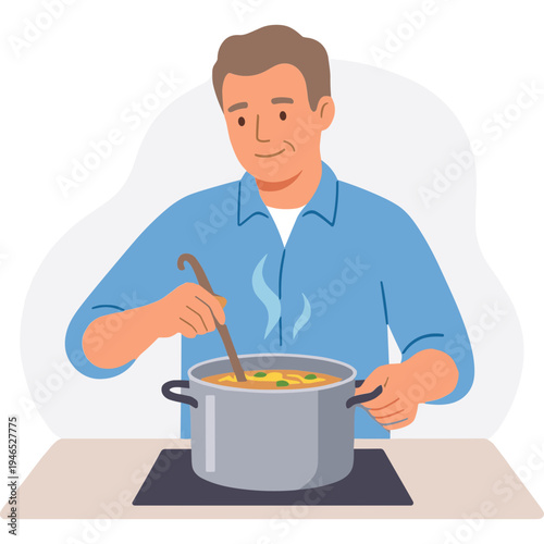 A man is cooking a meal with a spoon in a pot on the stove
