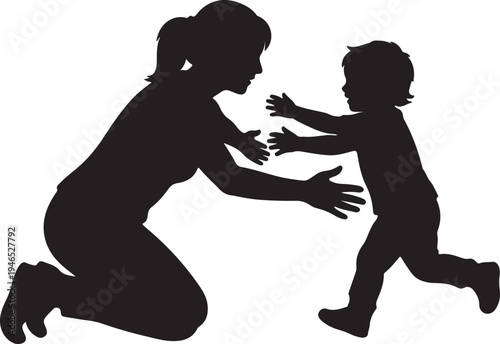 Happy Mother's Day Greeting Banner with Family Silhouette on Abstract Blue and Yellow Background.