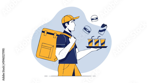 Un ilustrador vectorial de un chico de reparto delivering paquetes en España, con un diseño plano y moderno, listo para usar en materiales de marketing y publicidad.