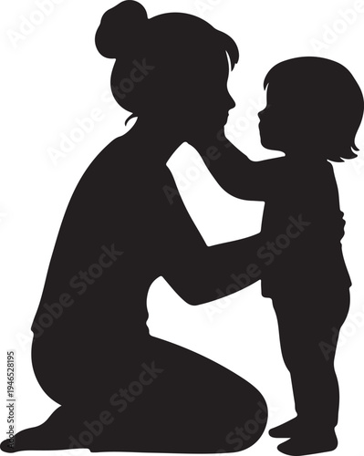 Happy Mother's Day Greeting Banner with Family Silhouette on Abstract Blue and Yellow Background.