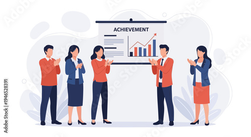 Business team applauding achievement during presentation with growth chart on screen